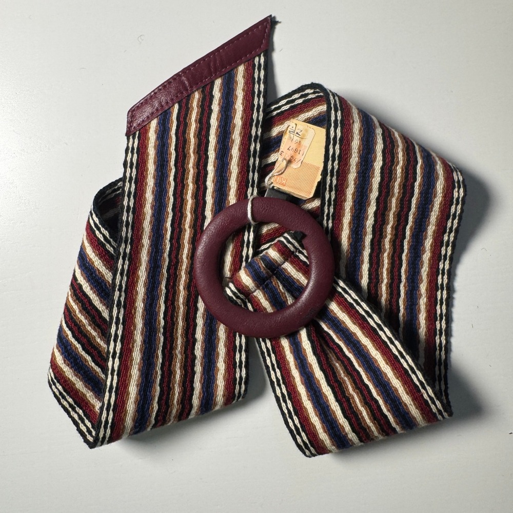 Vtg Woven Striped Belt Burgundy Leather Round Buckle Wide Dopamine chic elegant
